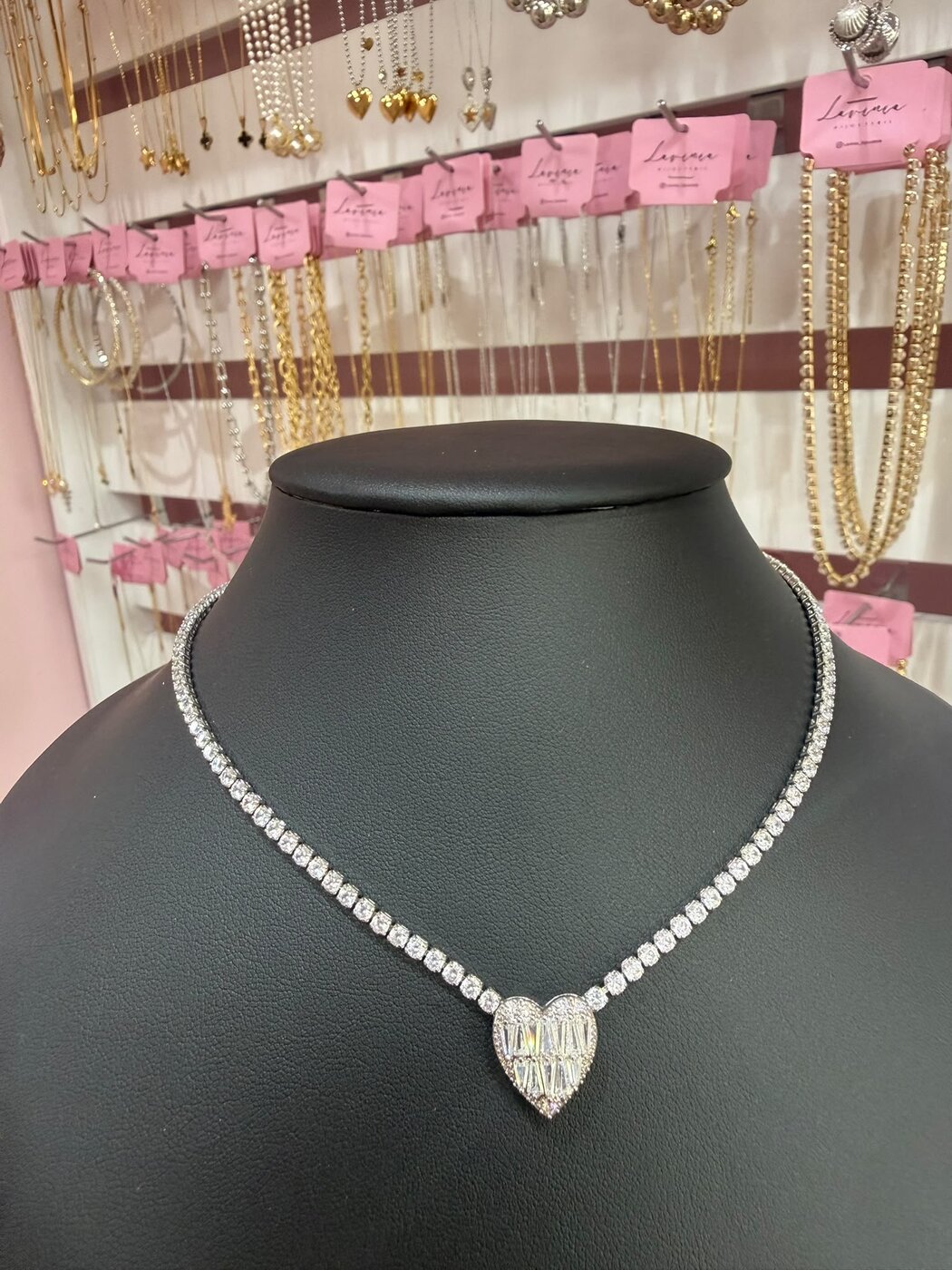Silver-tone tennis necklace with heart
